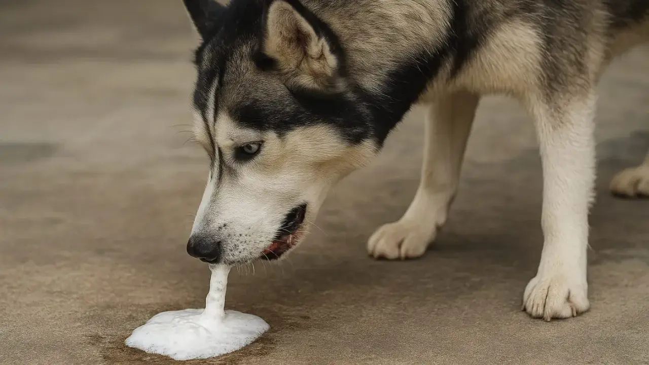 Pies rasy husky je trawę i wymiotuje pianą.