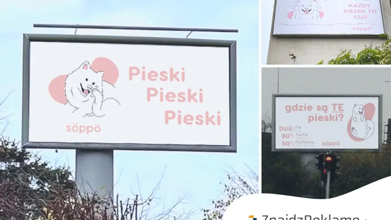 Reklama teaserowa z uroczymi pieskami. "Pieski, pieski, pieski" i "Każdy piesek to cud" zachęcają do odkrycia czegoś więcej.