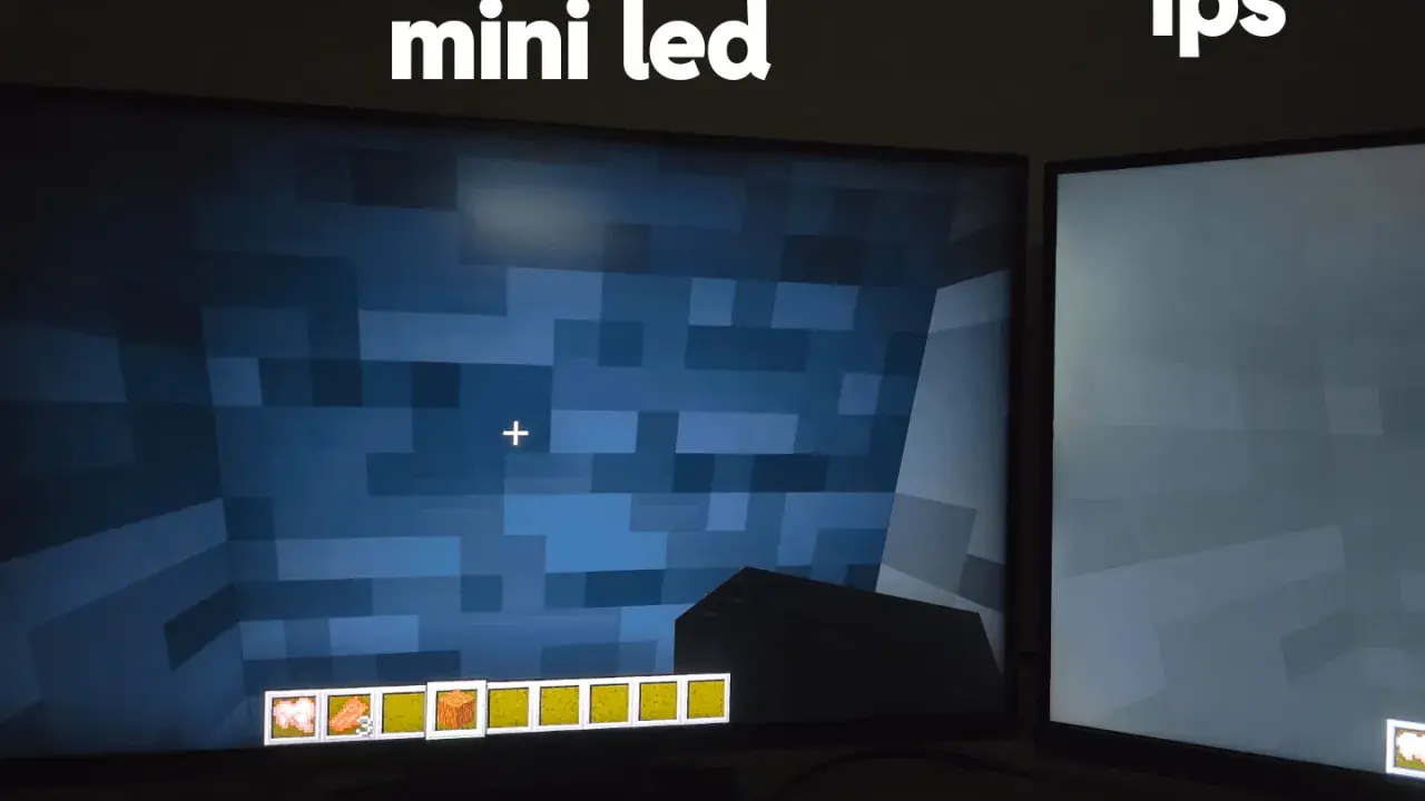 Porównanie dwóch rodzajów matryc w monitorach: Mini LED z głęboką czernią i IPS z jaśniejszym obrazem.