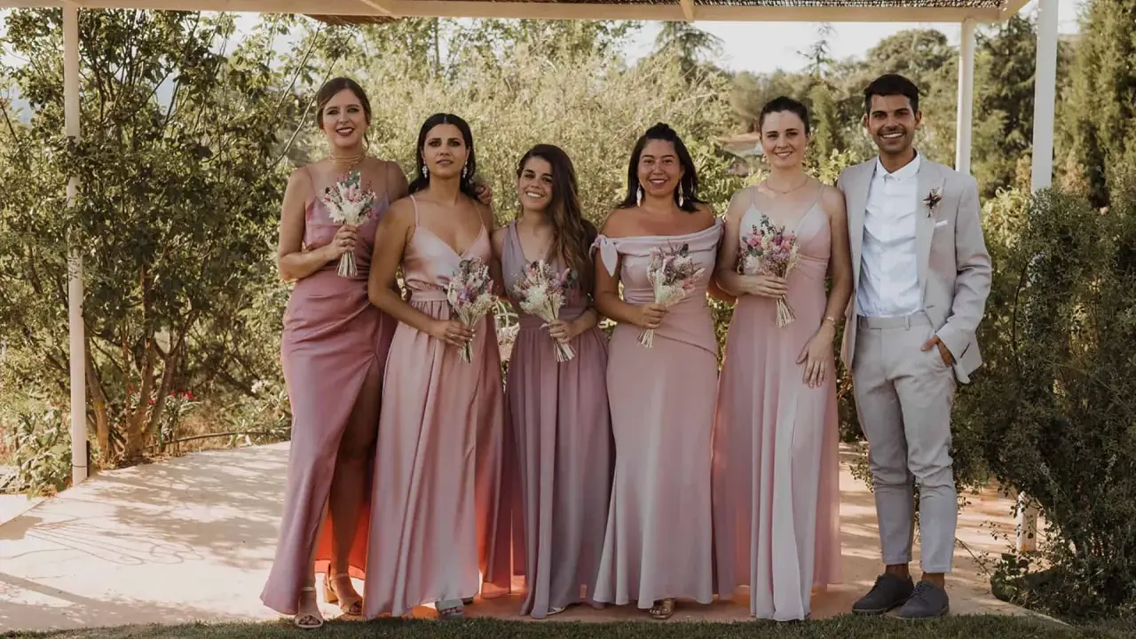 Grupo de damas de honor y el novio posando para una foto en una boda informal campo.