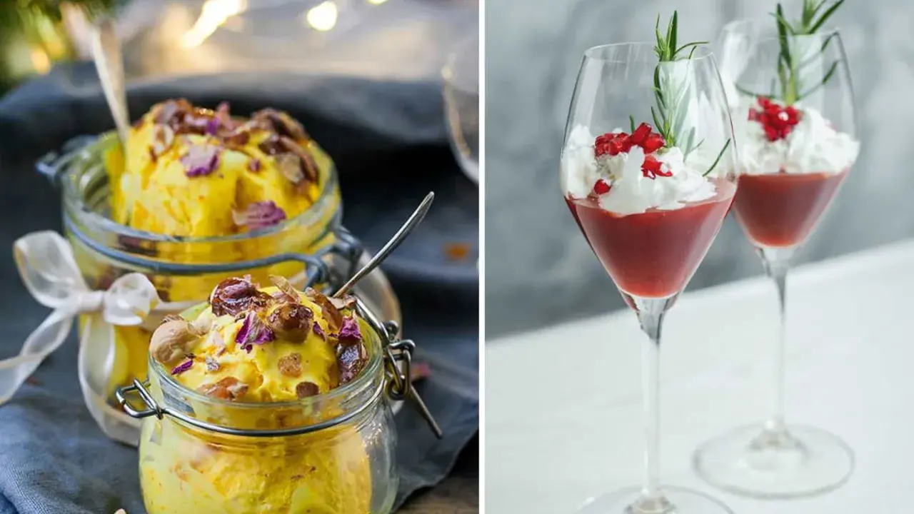 Två härliga desserter, en gul glass med nötter och rosenblad, perfekt för julafton, och två glas med röd kompott, grädde och granris.