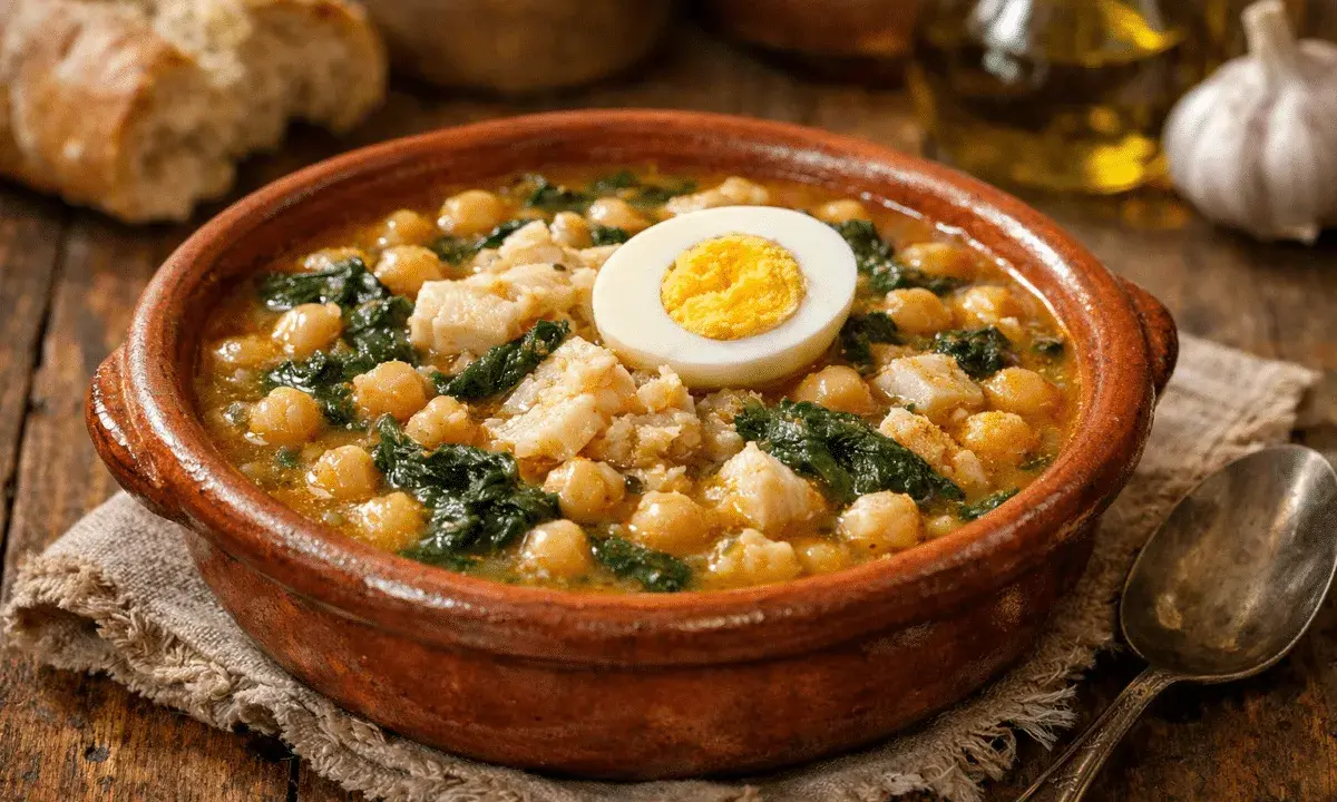 Garbanzos con bacalao, una receta tradicional servida en cazuela de barro, coronada con huevo duro.