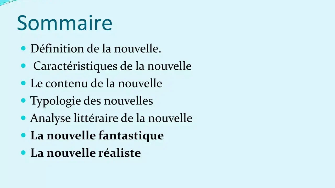 Sommaire d'un cours sur la nouvelle, incluant la définition, les caractéristiques, le contenu, la typologie, l'analyse, et spécifiquement la nouvelle fantastique et la nouvelle réaliste.