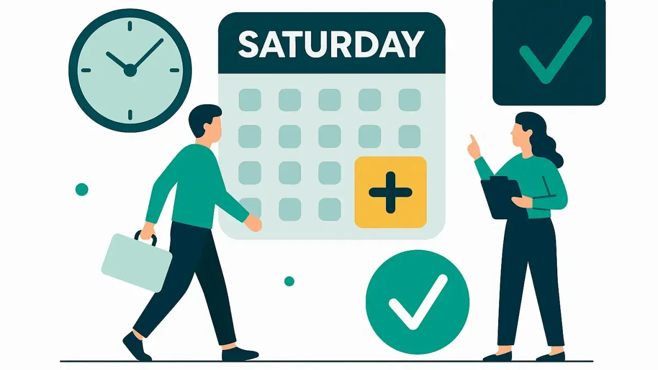 Mężczyzna z teczką idzie do kalendarza z napisem "SATURDAY", gdzie zaznaczono dodatkowy dzień pracy. Nadgodziny w sobotę są faktem.