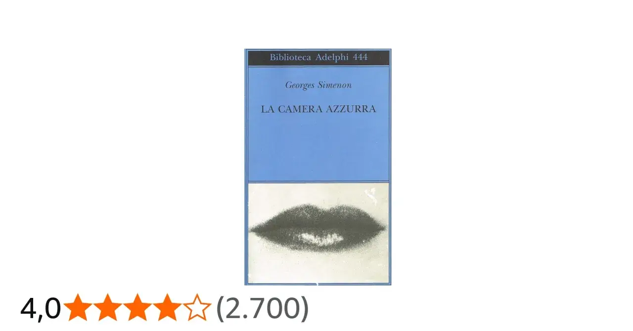 Copertina del libro "La camera azzurra" di Georges Simenon, con labbra sfocate e valutazione 4,0.