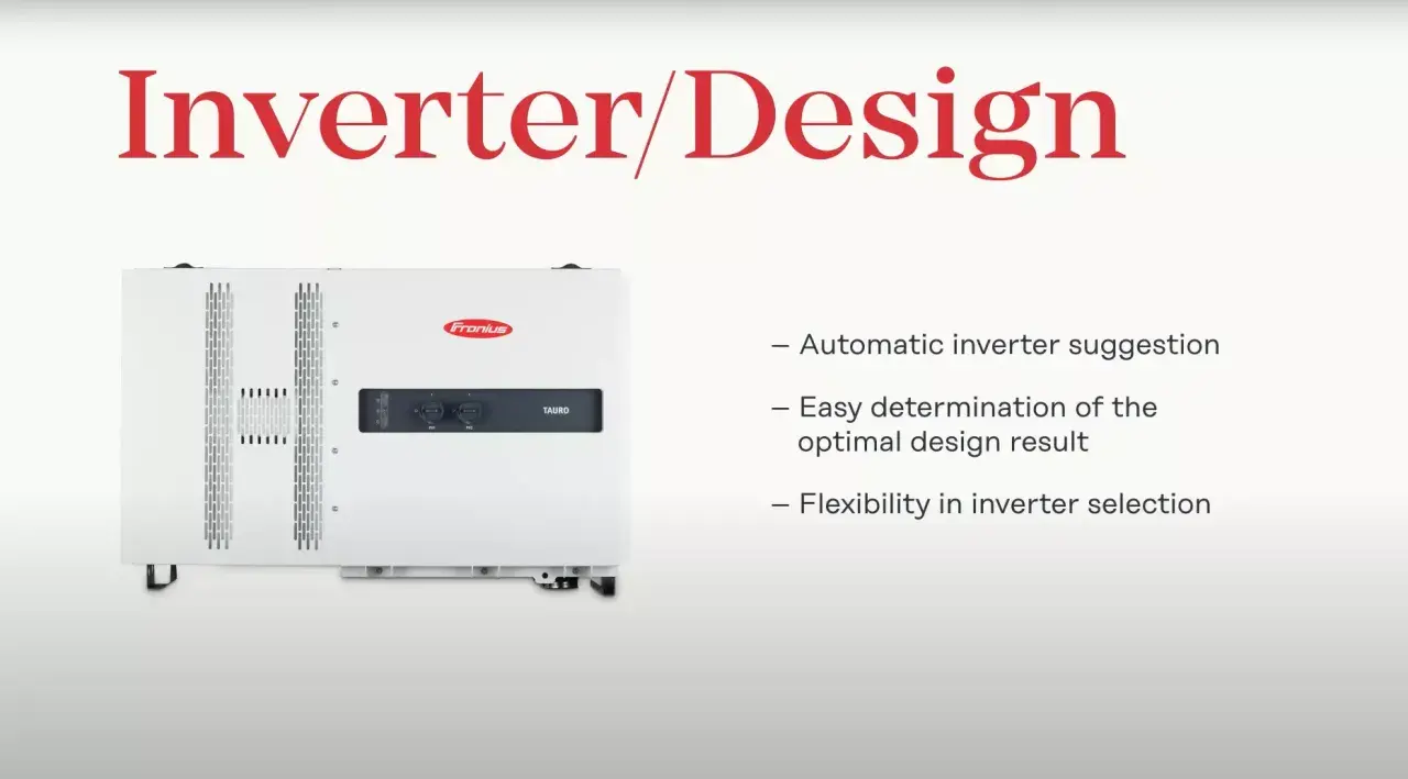 En vit Fronius växelriktare visas, med texten "Inverter/Design" ovanför.