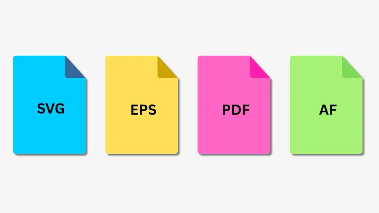 Cuatro iconos de archivos: SVG, EPS, PDF y AF. Cada uno en un color diferente, representando el formato vectorial imagen.
