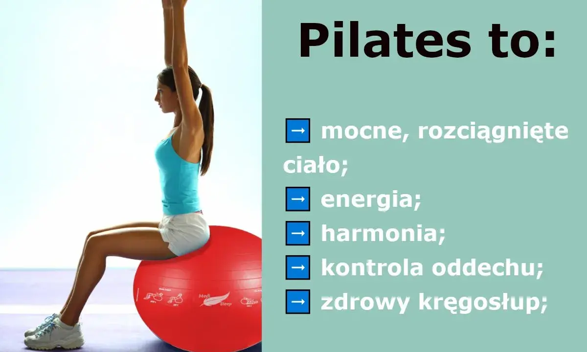 Co to pilates? To mocne, rozciągnięte ciało, energia, harmonia, kontrola oddechu i zdrowy kręgosłup. Kobieta ćwiczy na dużej, czerwonej piłce.