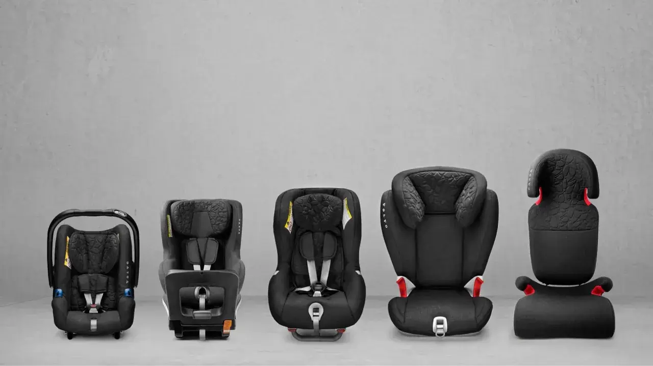 Five black car seats of varying sizes are displayed in a row against a grey concrete background.