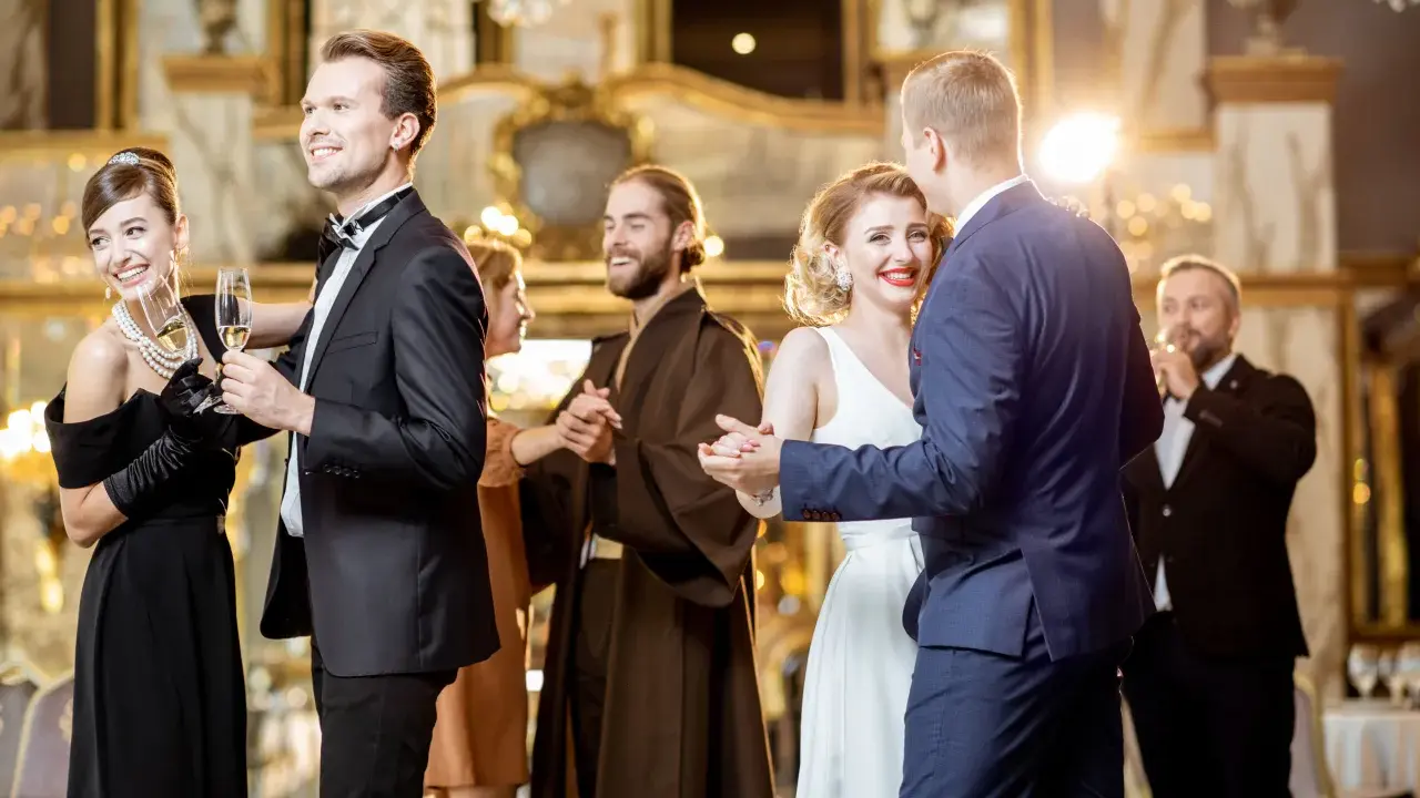 Elegancka para tańczy, czar wódki unosi się w powietrzu. W tle inni goście bawią się na balu.