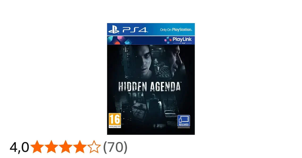 Okładka gry PS4 "Hidden Agenda". Mroczna grafika z twarzami w tle i tytułem gry. Gra wymaga aplikacji mobilnej.