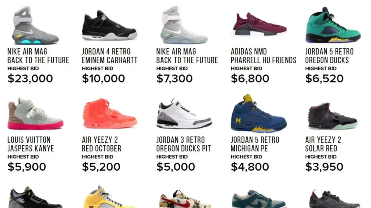 Verschiedene seltene Sneaker-Arten, darunter Nike Air Mag, Jordan 4 Retro und Louis Vuitton Jaspers Kanye, mit ihren Höchstgeboten.