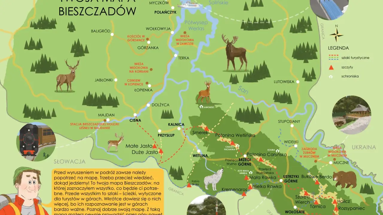 Mapa Bieszczadów z zaznaczonymi szlakami, szczytami, schroniskami, jeziorami i zwierzętami.