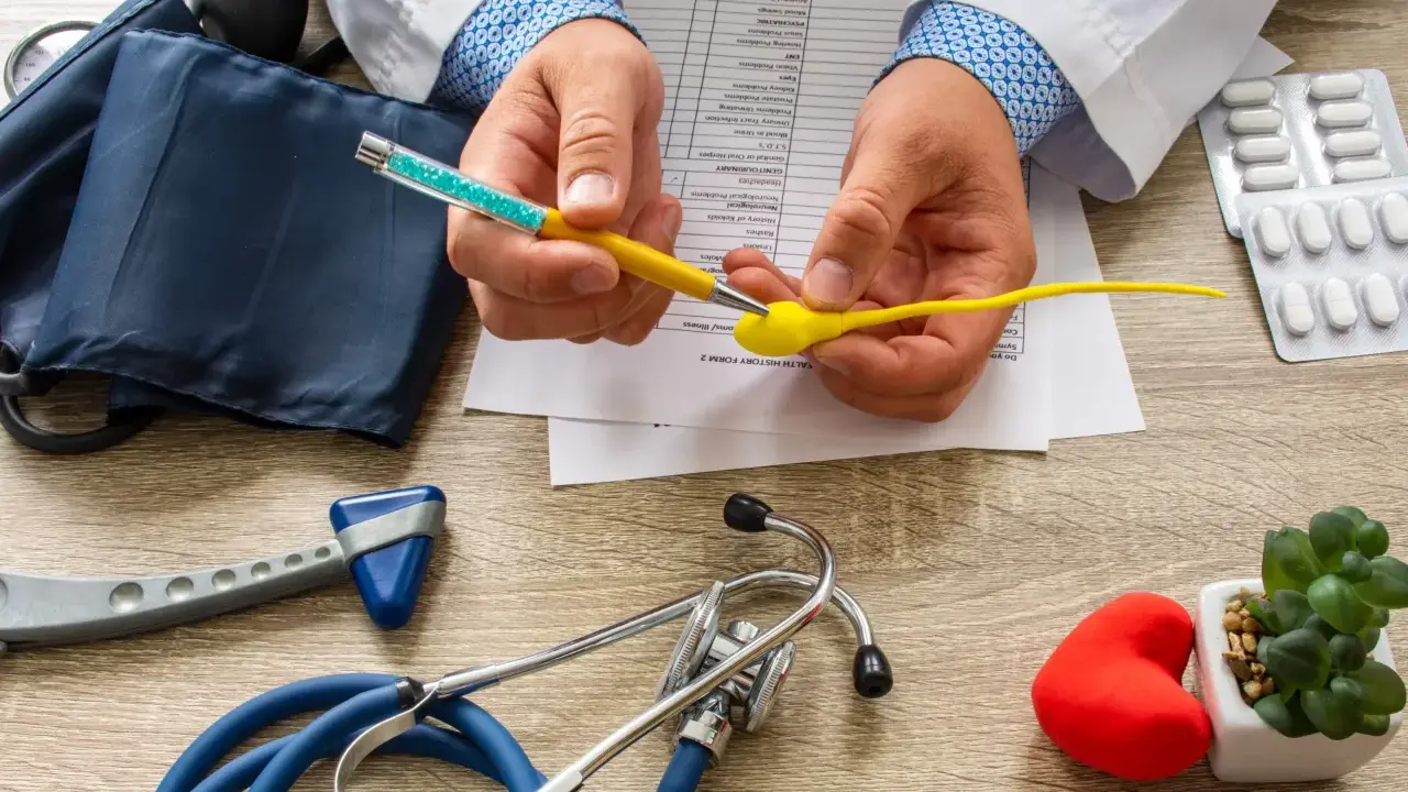Lekarz analizuje formularz medyczny, trzymając model plemnika i długopis. Na stole leżą stetoskop, ciśnieniomierz, młoteczek neurologiczny i leki, sugerując dyskusję o skutkach ubocznych wazektomii.