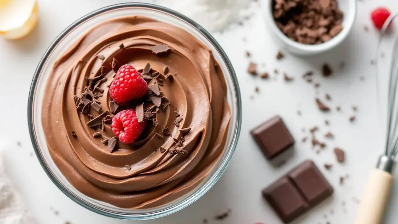 Mousse au chocolat sans jaune, onctueuse et aérienne, garnie de framboises fraîches et de copeaux de chocolat. Un délice léger et gourmand.