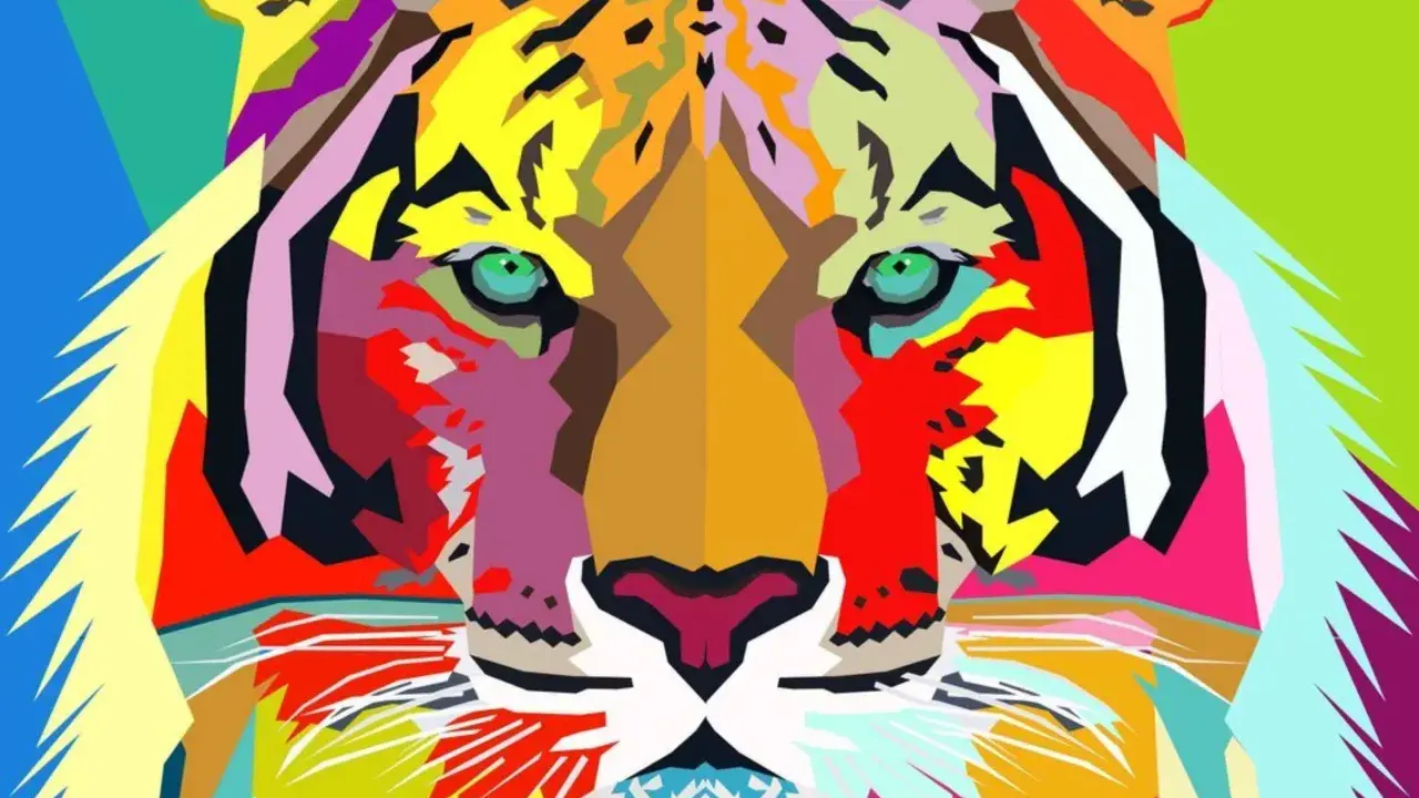 A vibrant, geometric tiger face in the style of easy pop art examples. Its eyes are a striking green, and the entire image bursts with bold, contrasting colors.