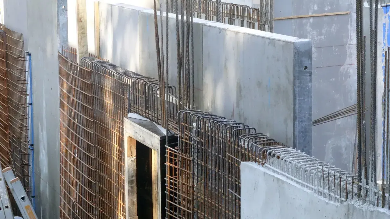 Betonwände mit Bewehrung aus Stahlstäben, bereit für den nächsten Bauabschnitt.