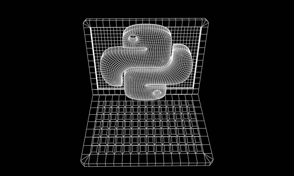 Wireframe laptop z logo Pythona na ekranie. Symbolizuje wzorce projektowe Python i tworzenie aplikacji.