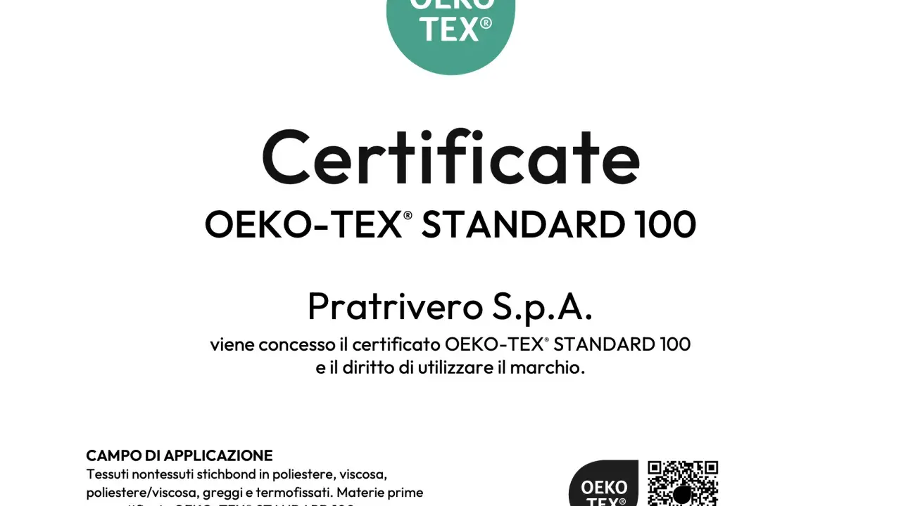 Certificato OEKO-TEX® STANDARD 100 per tessuti Pratrivero S.p.A. che garantisce l'assenza di sostanze nocive.