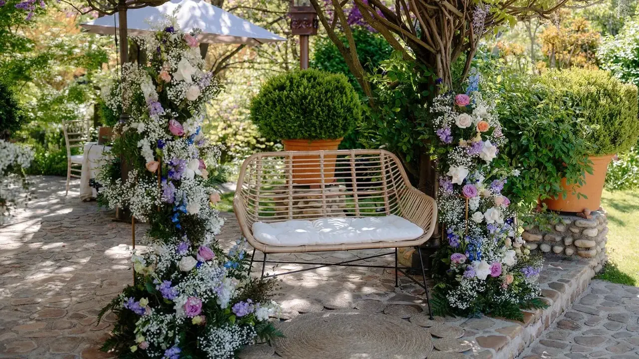 Un rincón idílico para bodas con arcos florales, un banco de mimbre y detalles rústicos. ¡Ideas originales boda!