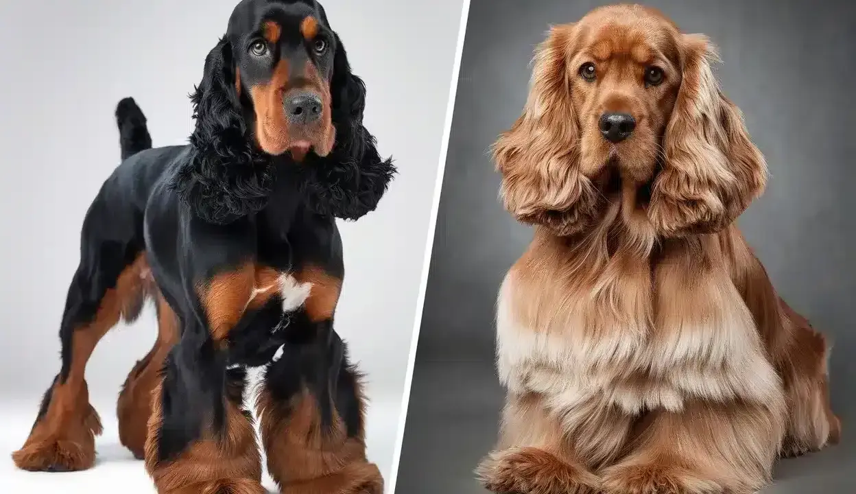 Un cocker anglais noir et feu et un cocker américain roux, deux races de chiens élégantes aux longues oreilles.