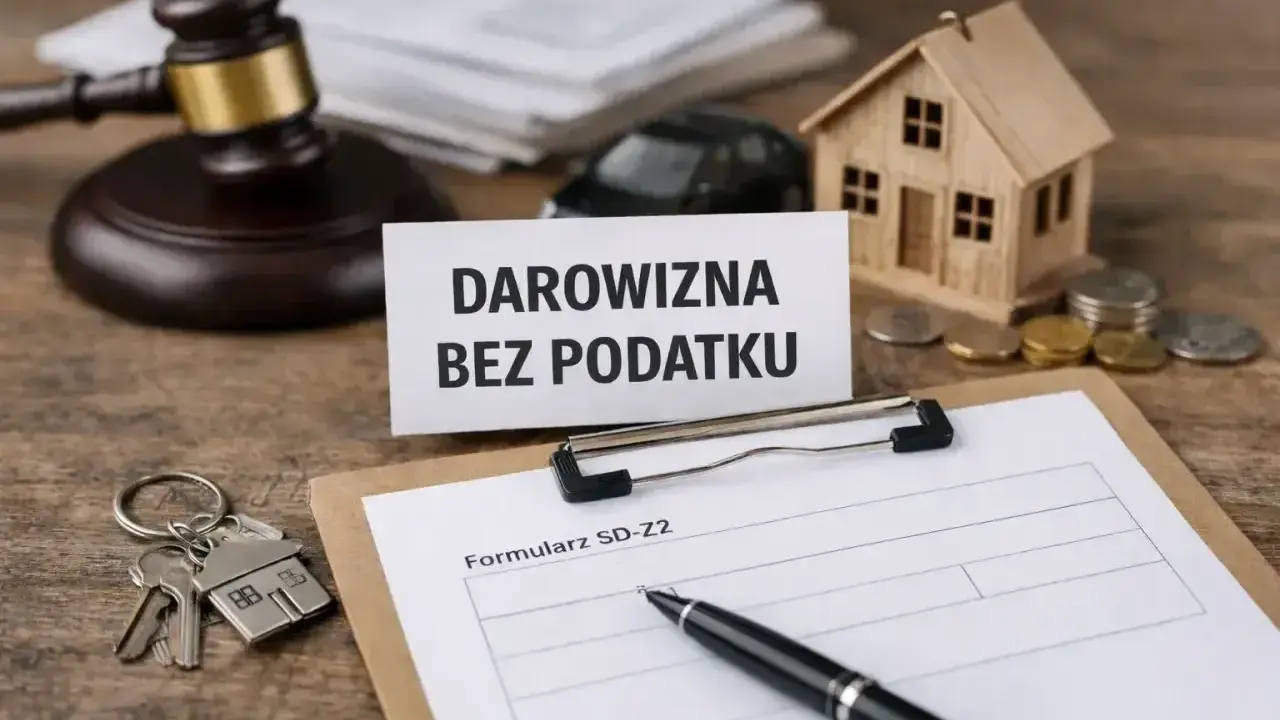 Darowizna dla dziecka bez podatku. Na stole młotek sędziowski, klucze, domek, monety i formularz SD-Z2.