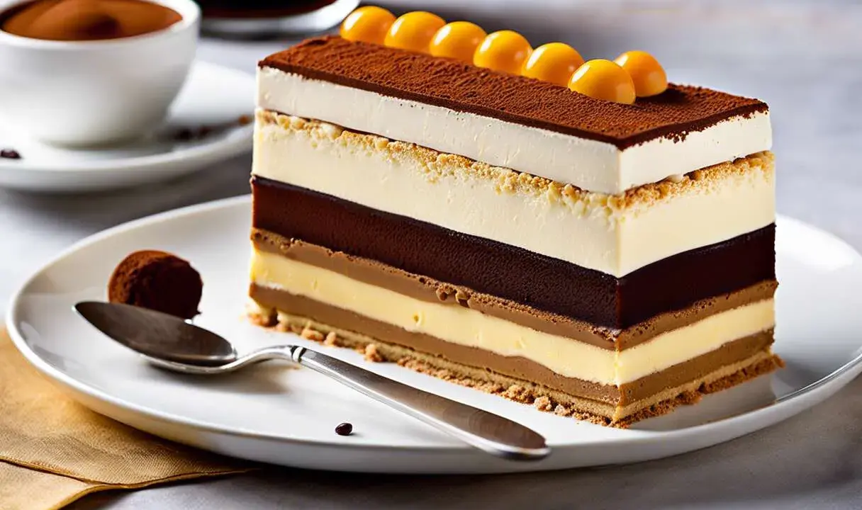 Tranche de tiramisu avec crème fouettée et mascarpone, garnie de billes dorées et de cacao. Un délice multicouche.
