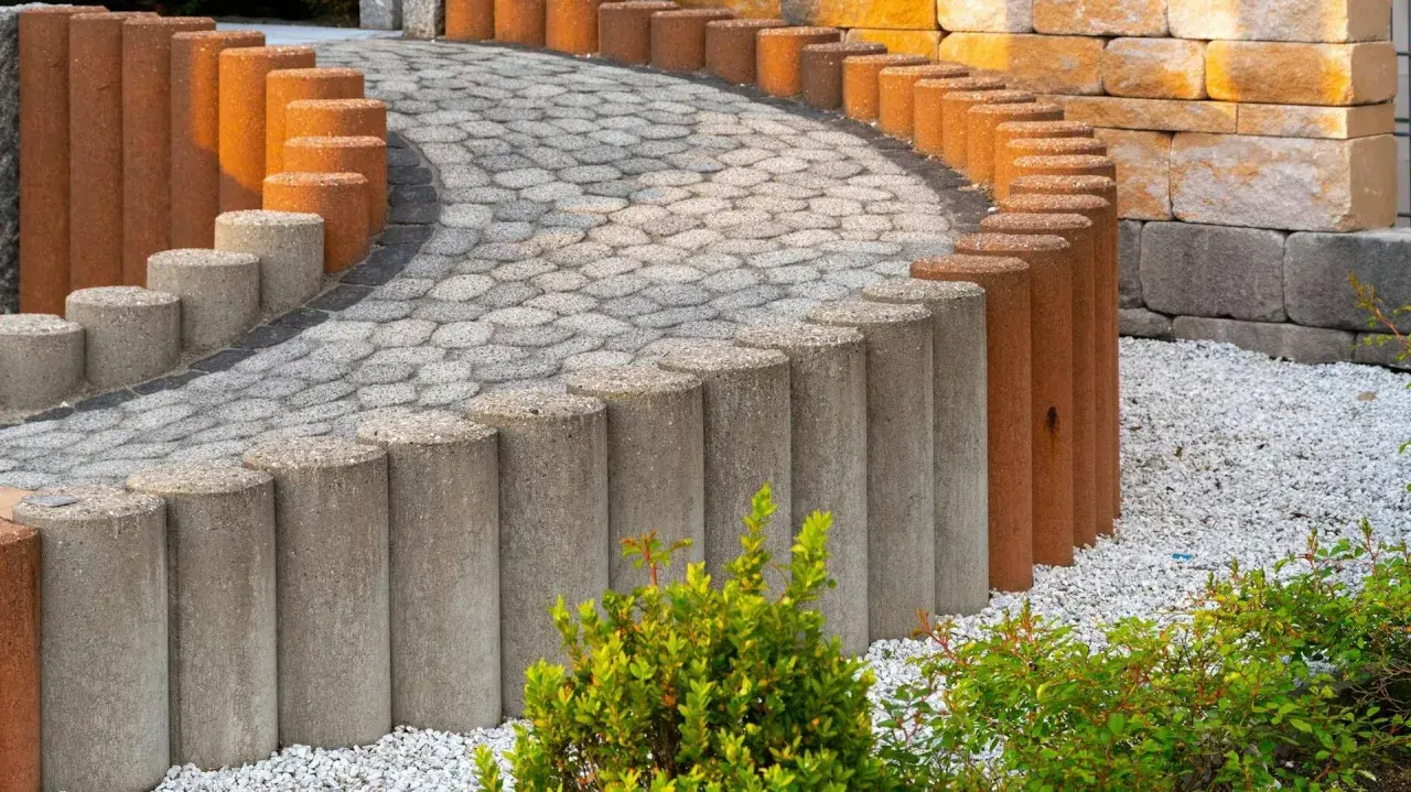 Betonowe słupki, z których można zrobić palisadę ogrodową, tworzą łuk wzdłuż ścieżki z kostki brukowej.