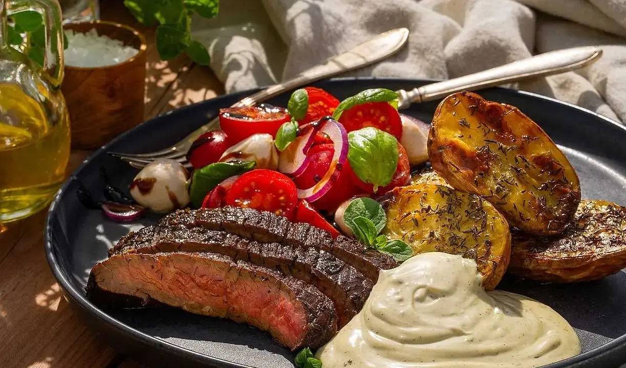 Skivad flapsteak marinad med rostade potatishalvor, tomatsallad och krämig sås.