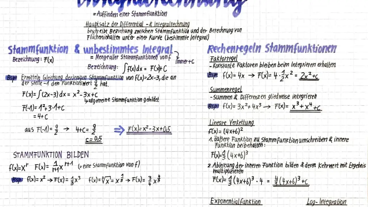 Stammfunktionen: Integralrechnung, Hauptsatz, Faktorregel, Summenregel, lineare Verkettung, Exponentialfunktion.