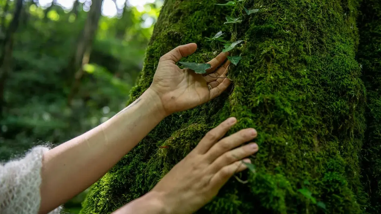 Händer som smeker en mossbelagd trädstam, en känsla av skogsbad japanska.