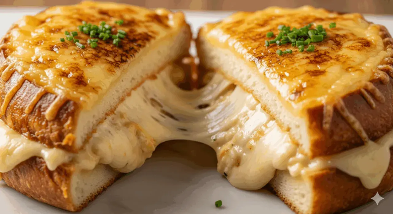 Un fromage croque monsieur dégoulinant, garni de ciboulette fraîche. Le fromage fondu s'étire entre les deux moitiés du sandwich grillé.