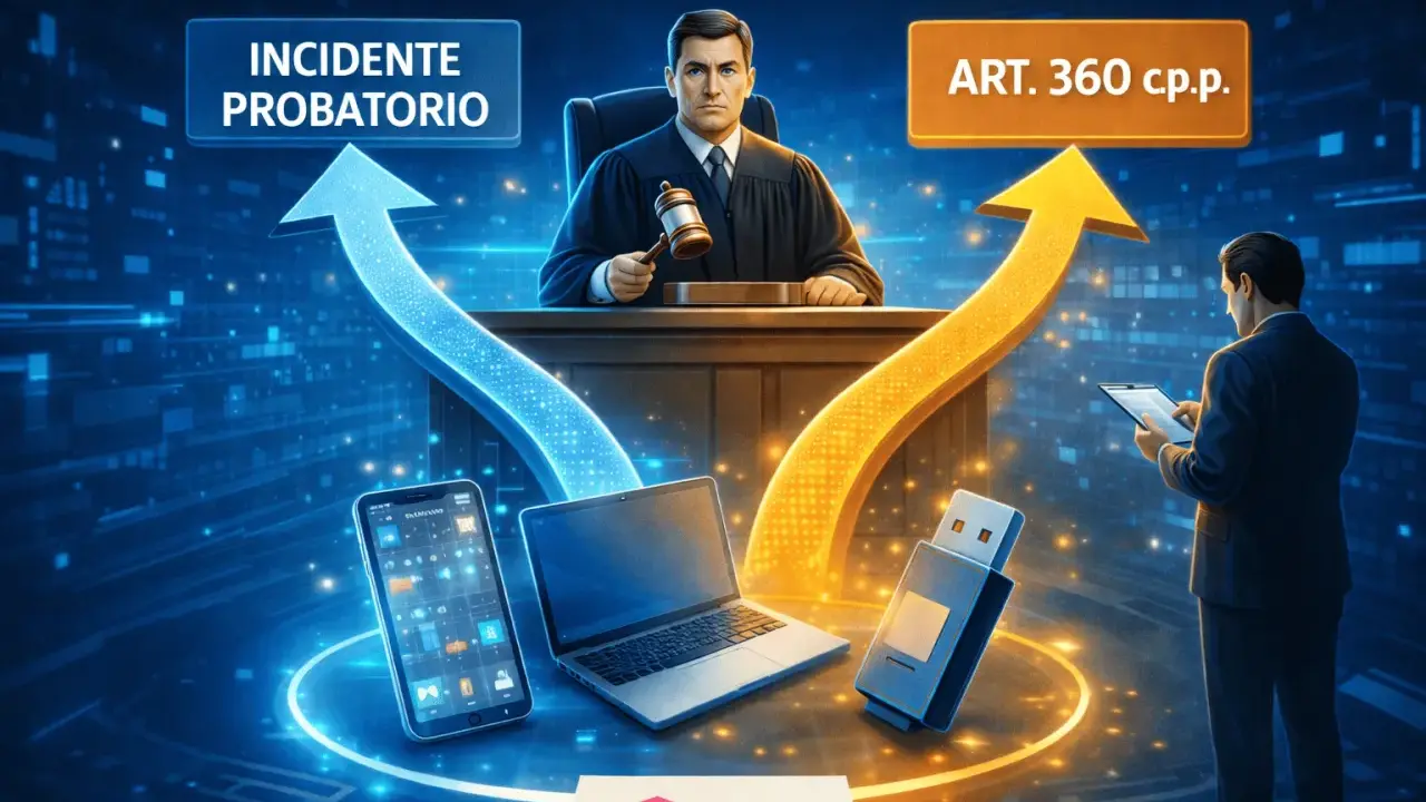 Giudice con martelletto, frecce blu e gialle, laptop, smartphone, chiavetta USB, testo "INCIDENTE PROBATORIO" e "ART. 360 c.p.p.".