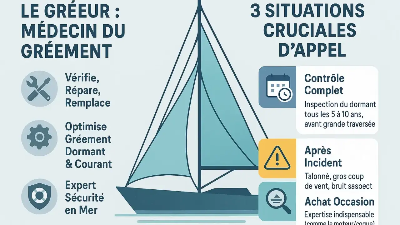 Le gréement d'un voilier, comme un sloop fractionné, nécessite un entretien régulier. Le gréeur vérifie, répare et optimise le gréement dormant et courant pour la sécurité en mer.