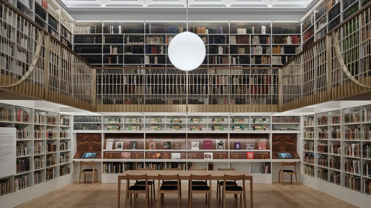 A grand library with towering bookshelves, a central reading table, and a modern globe light. This space feels like a capital photography center for learning.