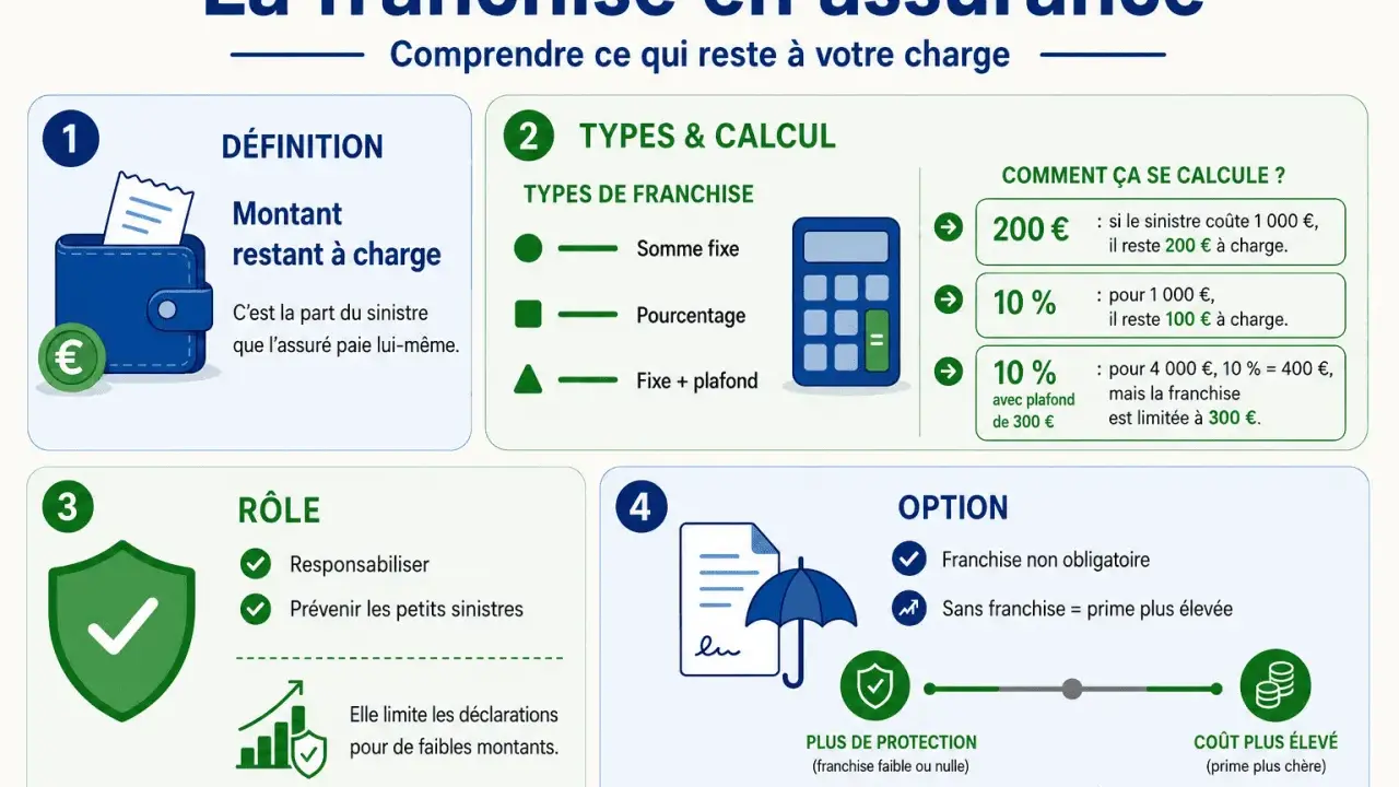 Infographie expliquant la franchise en assurance : définition, types, calculs et rôle. Le **remboursement franchise** est la part du sinistre à la charge de l'assuré.