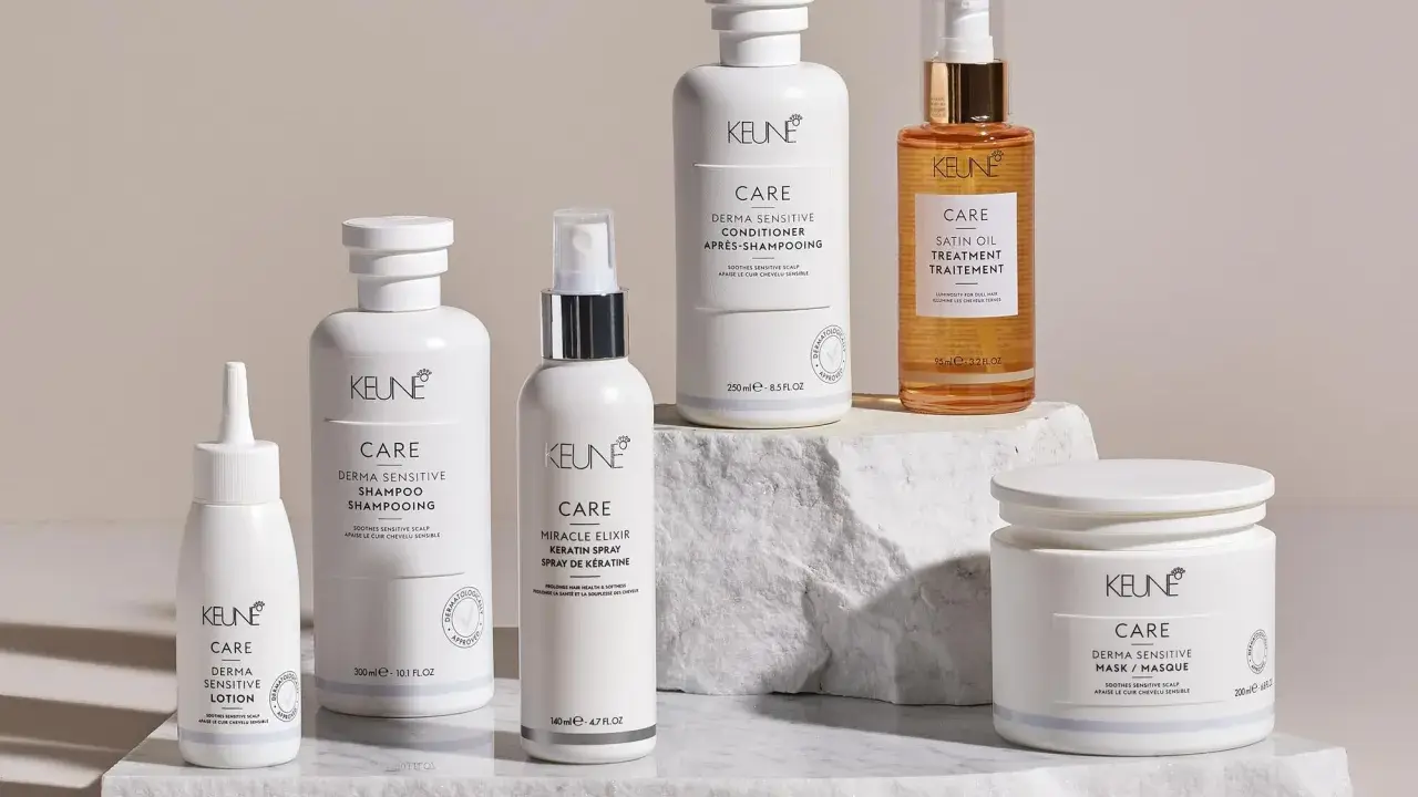 Keune Care Serie: Shampoo, Conditioner, Lotion, Miracle Elixir Spray, Satin Oil Treatment und Maske für empfindliches Haar und Kopfhaut.
