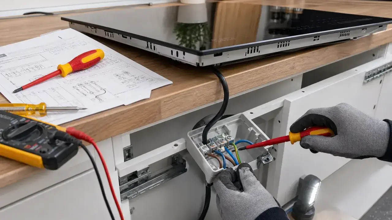 Instalator podłącza płytę indukcyjną 3-fazową, używając śrubokręta i instrukcji. Obok leży multimetr.