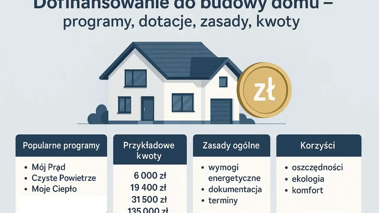 Dofinansowanie do budowy domu: popularne programy, przykładowe kwoty, zasady i korzyści. Złoty symbol sugeruje wsparcie finansowe.