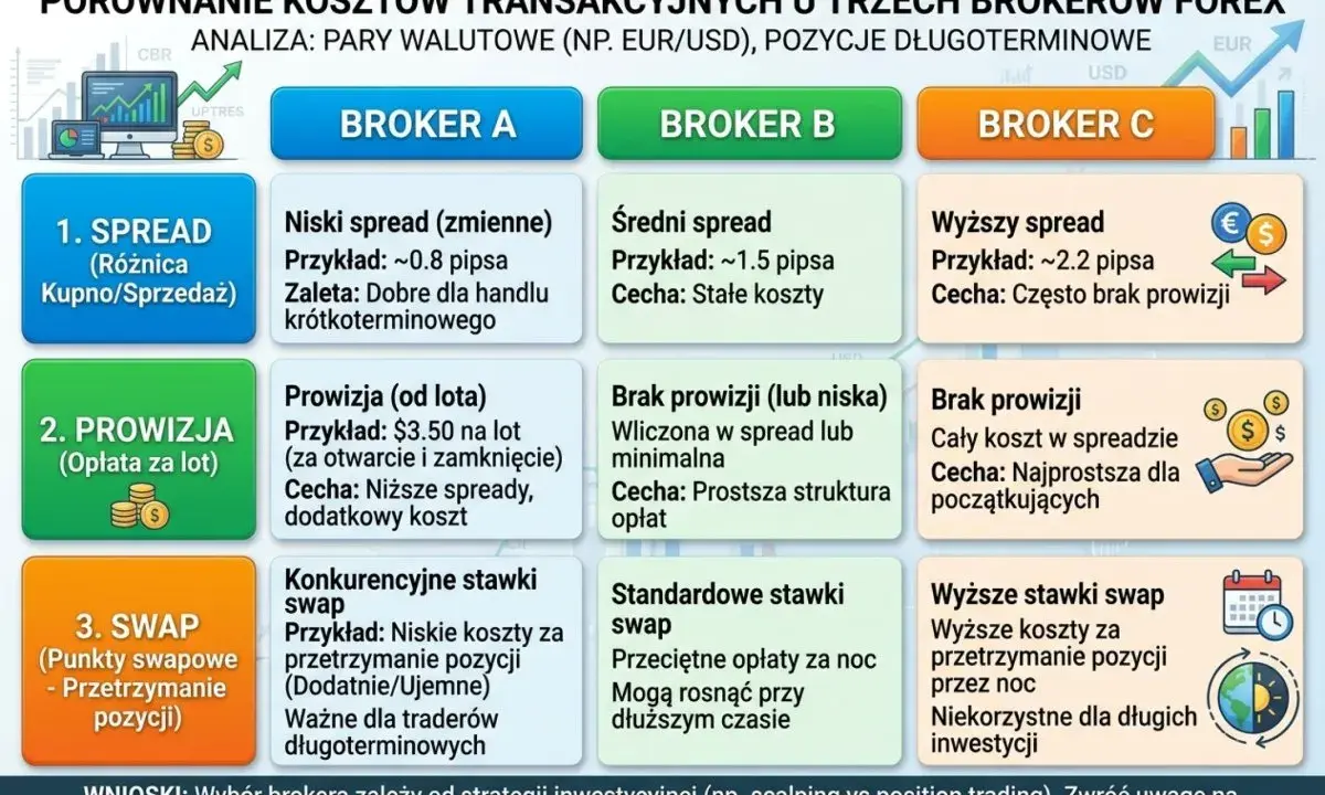 Porównanie kosztów u brokerów Forex: spread, prowizja i swap. Dowiedz się, co to są swapy i jak wpływają na handel długoterminowy.