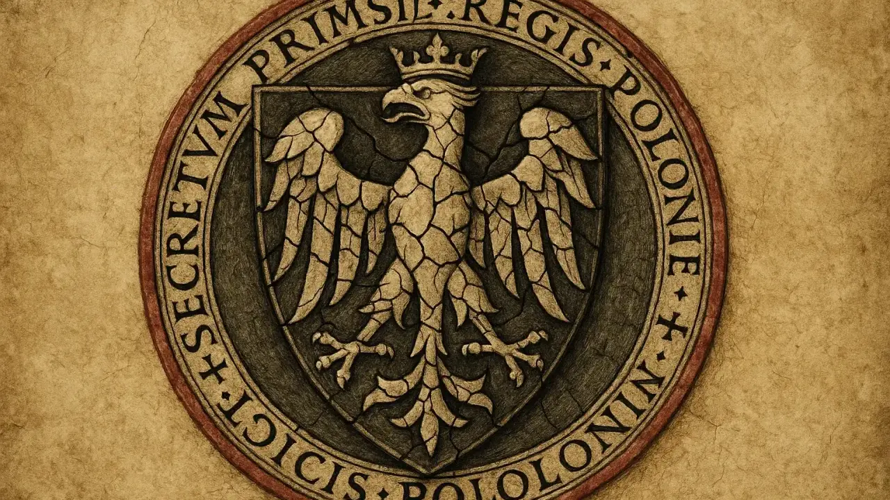 Pieczęć z orłem, symbolizująca rozbicie dzielnicowe Polski. Przyczyny i skutki tego okresu historii.