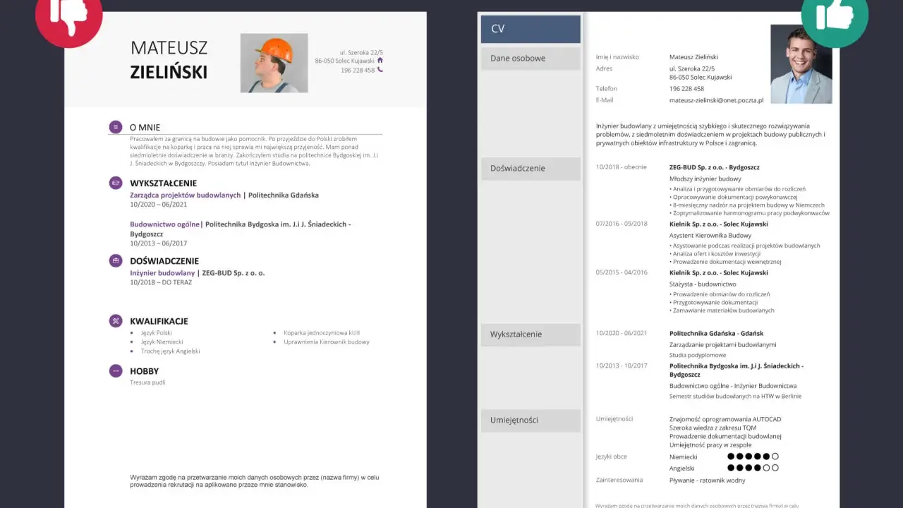 CV inżyniera budownictwa Mateusza Zielińskiego, z doświadczeniem w projektach budowlanych i kwalifikacjami, idealne na program Erasmus.