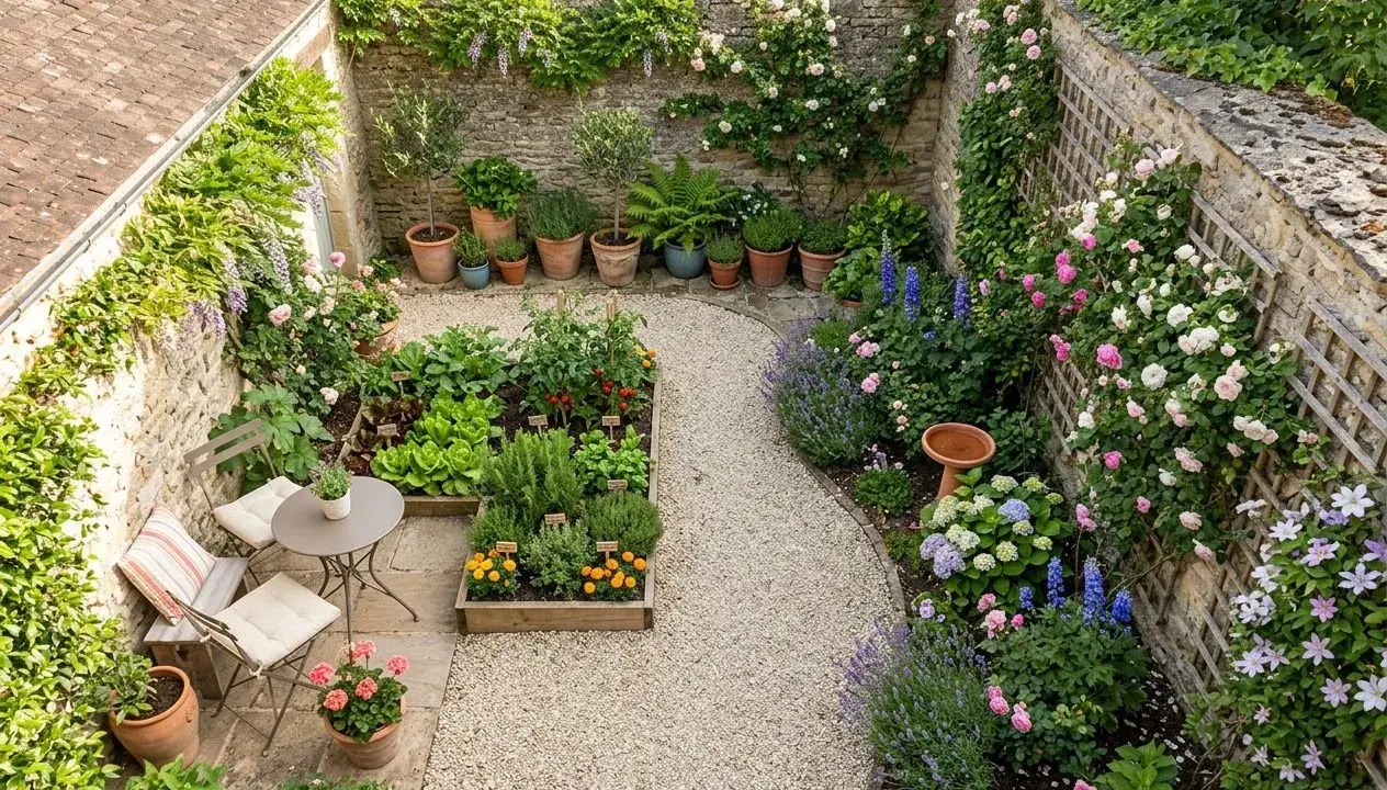 Idéal pour aménager un petit jardin de 20m2 : potager, fleurs, roses grimpantes et coin repas.
