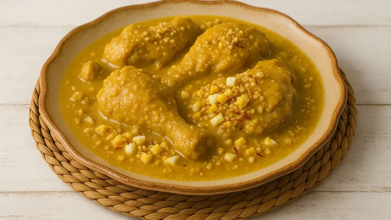 Pollo en pepitoria, un plato tradicional español, servido en un cuenco de cerámica con trozos de huevo duro y hebras de azafrán.