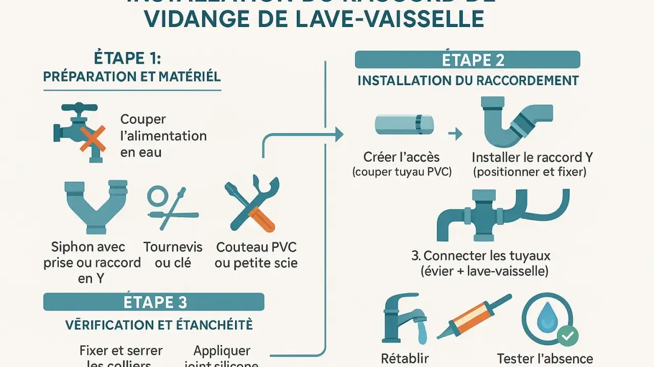 Guide d'installation du branchement lave vaisselle : étapes, matériel et vérification d'étanchéité.