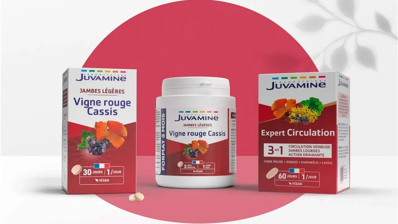 Produits Juvamine "Vigne rouge Cassis" et "Expert Circulation" pour des jambes légères. Les bienfaits de la vigne rouge pour la circulation.