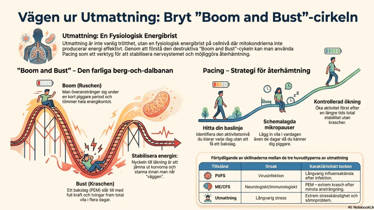 Bilden visar hur man bryter utmattningens "boom and bust"-cykel. Den illustrerar kronisk stress som en berg-och-dalbana, med strategier för återhämtning som pacing.