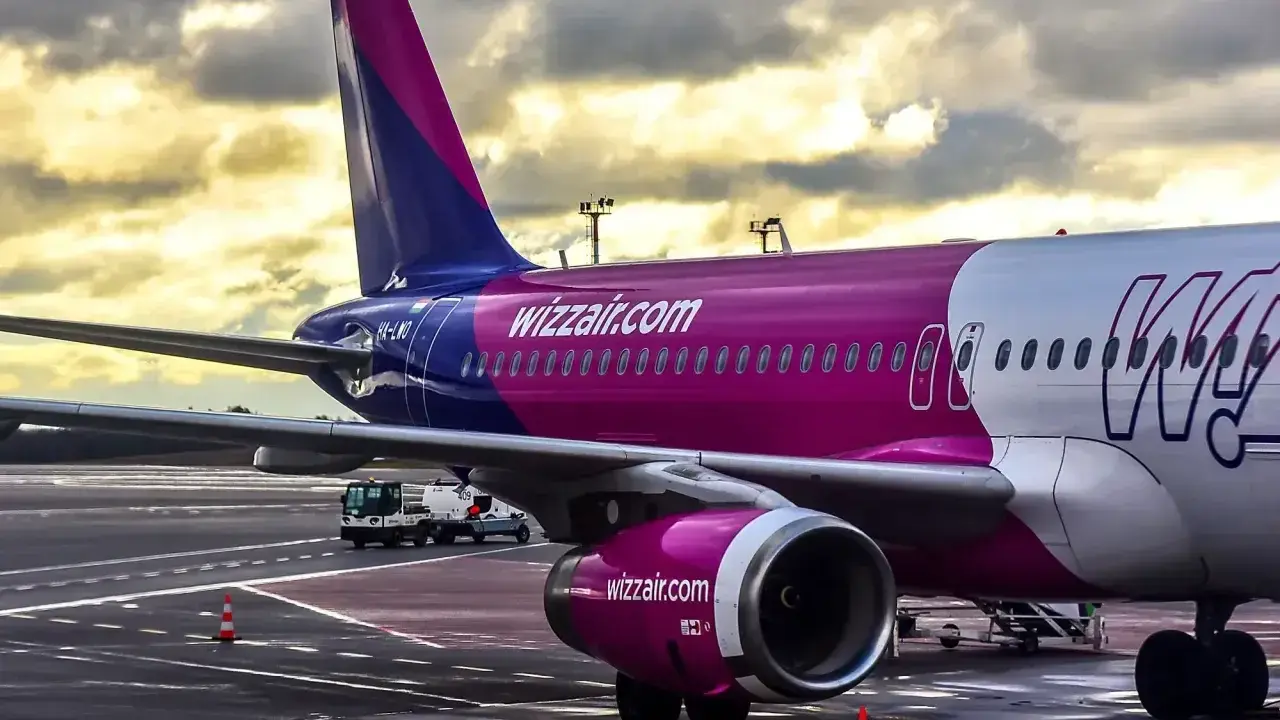 Samolot Wizz Air na płycie lotniska pod pochmurnym niebem.