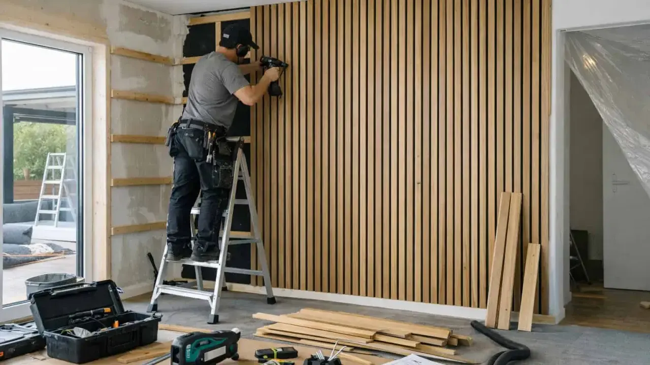 Man monterar en kapa akustikpanel på väggen med en omladdningspistol. Verktyg och material ligger utspridda på golvet.