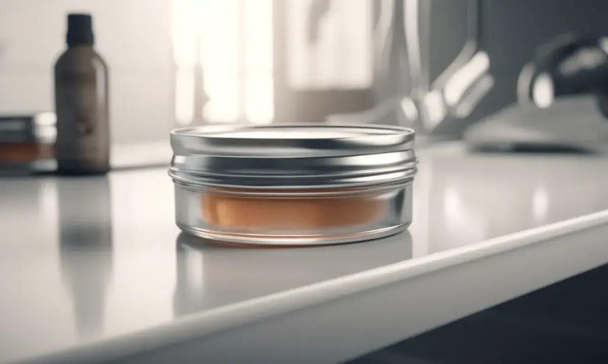 Ein glänzender Tiegel mit orangefarbener pomade wasserbasiert steht auf einer glatten Oberfläche. Im Hintergrund eine braune Flasche.